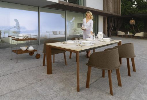 tavolo da pranzo rettangolare da esterno giardino made in italy design prezzi arredamento da esterno lusso marco Acerbis teak marmo travertino