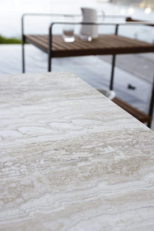 tavolo da pranzo rettangolare da esterno giardino made in italy design prezzi arredamento da esterno lusso marco Acerbis teak marmo travertino