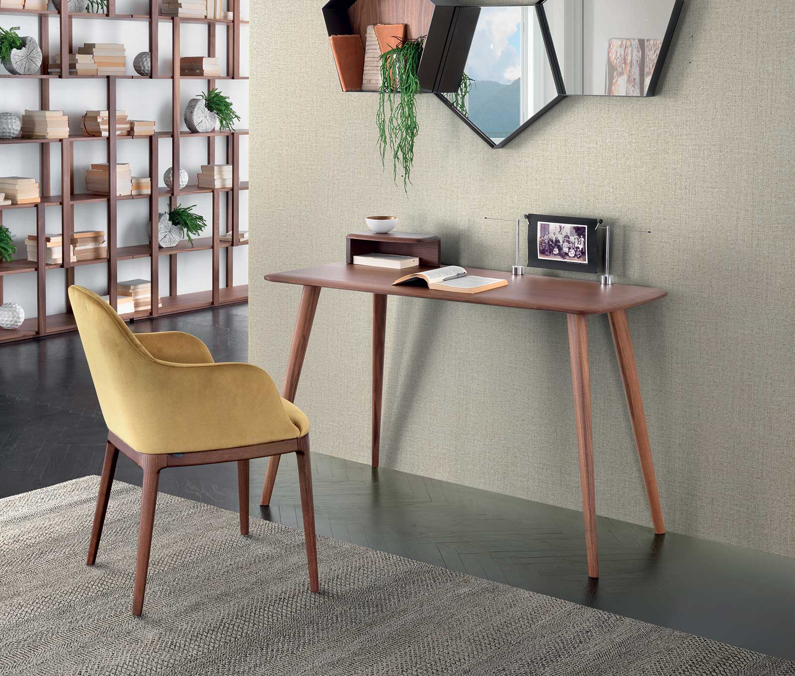 Useful as a writing desk as well as a console, Atlante is made in Italy with Canaletto walnut wood. Asymmetrical top, perfect for small spaces. Free shipping.