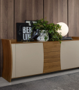 Wood sideboard with lacquered doors. Top, drawers and curved sides in wood. 2 inner shelves in transparent tempered glass. Made in Italy. Free home delivery