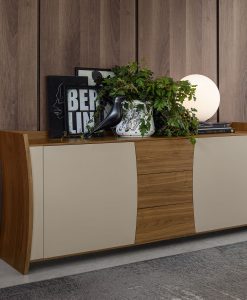 Wood sideboard with lacquered doors. Top, drawers and curved sides in wood. 2 inner shelves in transparent tempered glass. Made in Italy. Free home delivery