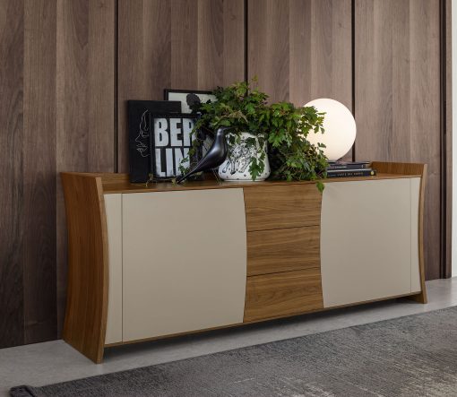 Wood sideboard with lacquered doors. Top, drawers and curved sides in wood. 2 inner shelves in transparent tempered glass. Made in Italy. Free home delivery
