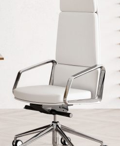 Executive armchair with aluminium structure and white eco-leather upholstery. Made in Italy with the best materials for a luxurious and comfortable office.