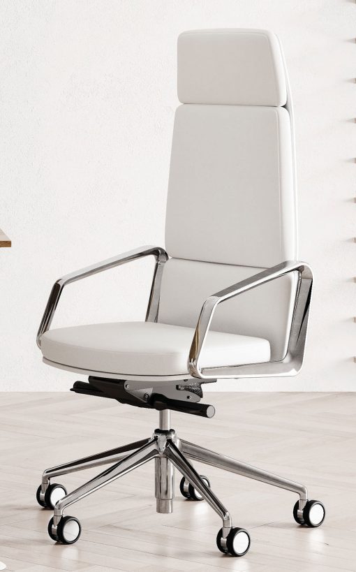 Executive armchair with aluminium structure and white eco-leather upholstery. Made in Italy with the best materials for a luxurious and comfortable office.