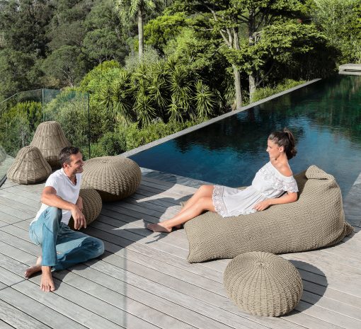 Outdoor pouf for garden and terrace. Outdoor design furniture made in italy. Ropes and quick dry foam. Outdoor lounger.