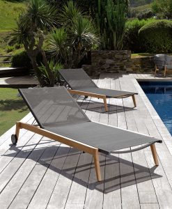 Outdoor stackable sunbed in black textilene. Buy online our luxury design garden furniture. Sofa, table, sunbed, chair, armchair and complement for garden.
