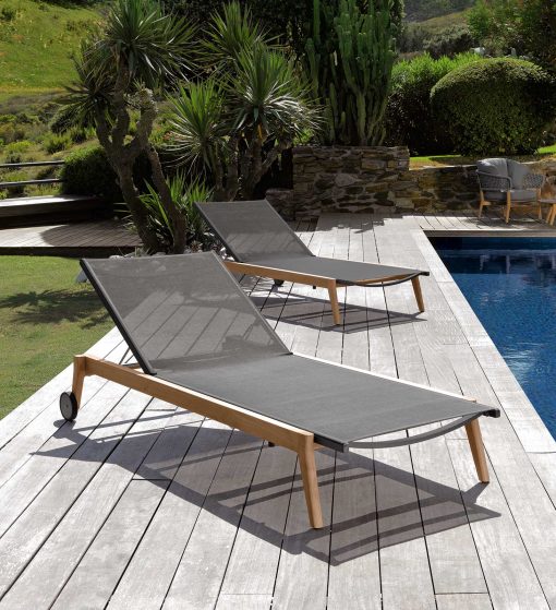 Outdoor stackable sunbed in black Textilene. Buy online our luxury design garden furniture. Sofa, table, sunbed, chair, armchair and complement for the garden.