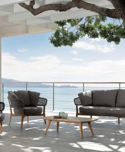 Luxurious outdoor lounge set in aluminium and teak signed by Cristian Visentin. Garden sofa, armchairs and coffee table. Shop online, free shipping.