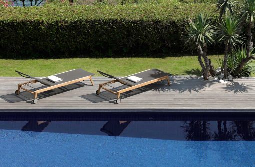 Outdoor stackable sunbed in black Textilene. Buy online our luxury design garden furniture. Sofa, table, sunbed, chair, armchair and complement for the garden.