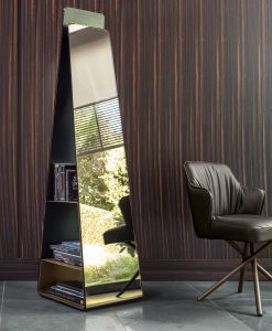 Modern and original mirror with bookcase inside. Curved bronzed glass and bronzed metal shelves. Self-supporting and pyramidal. Free home delivery.