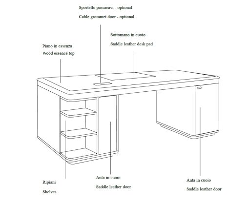 Noe scrivania direzionale con piano asimmetrico in legno e cuoio. Vendita online di mobili da ufficio di lusso made in Italy con consegna gratuita.