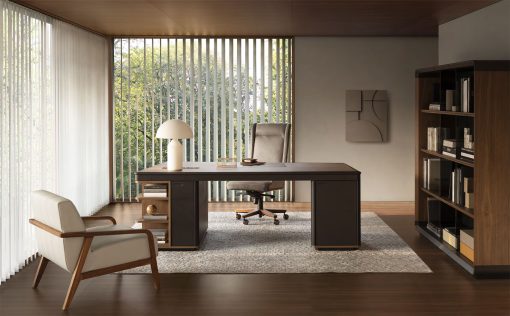 Asymmetrical top, flamed Canaletto walnut and leather, several refined wooden details. An outstanding high-end private executive desk for demanding people.