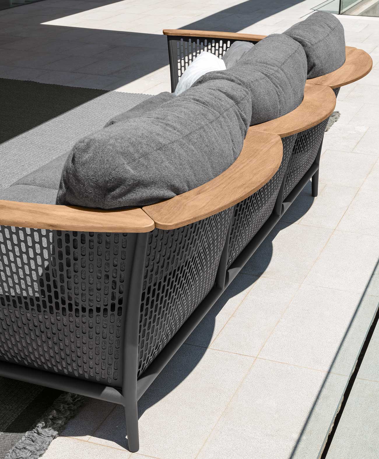 Design Marco Acerbis. Sofa, armchairs and coffee table in aluminium and teak, a luxurious and modern outdoor lounge for garden, yacht, poolside. Free delivery.