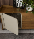 Wood sideboard with lacquered doors. Top, drawers and curved sides in wood. 2 inner shelves in transparent tempered glass. Made in Italy. Free home delivery