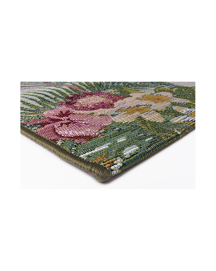 Fenicotteri rosa, foglie e fiori. La natura più bucolica è disegnata su questo tappeto outdoor rettangolare per un giardino raffinato. Consegna gratuita.