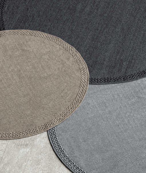 Tapis rond d'extérieur en diamètre 200 ou 300 cm. Couleur gris ou lin. Traitement hydrofuge, anti-taches et anti-moisissure. Livraison gratuite à domicile.